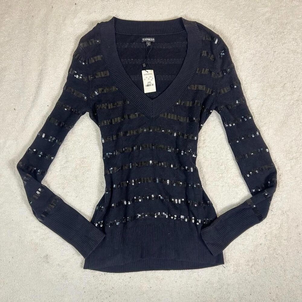 Express NWT Bella Swan Dark Coquette Sequin Striped V-Neck Sweater